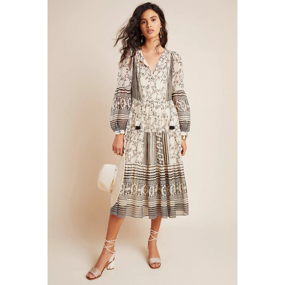 Anthropologie Talulah Tiered Midi Dress Cream Black Floral PS Boho Peasant NWT